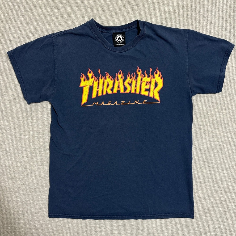 Thrasher Magazine Flame Logo Navy Blue Graphic T-Shirt Skateboarding Mens Medium